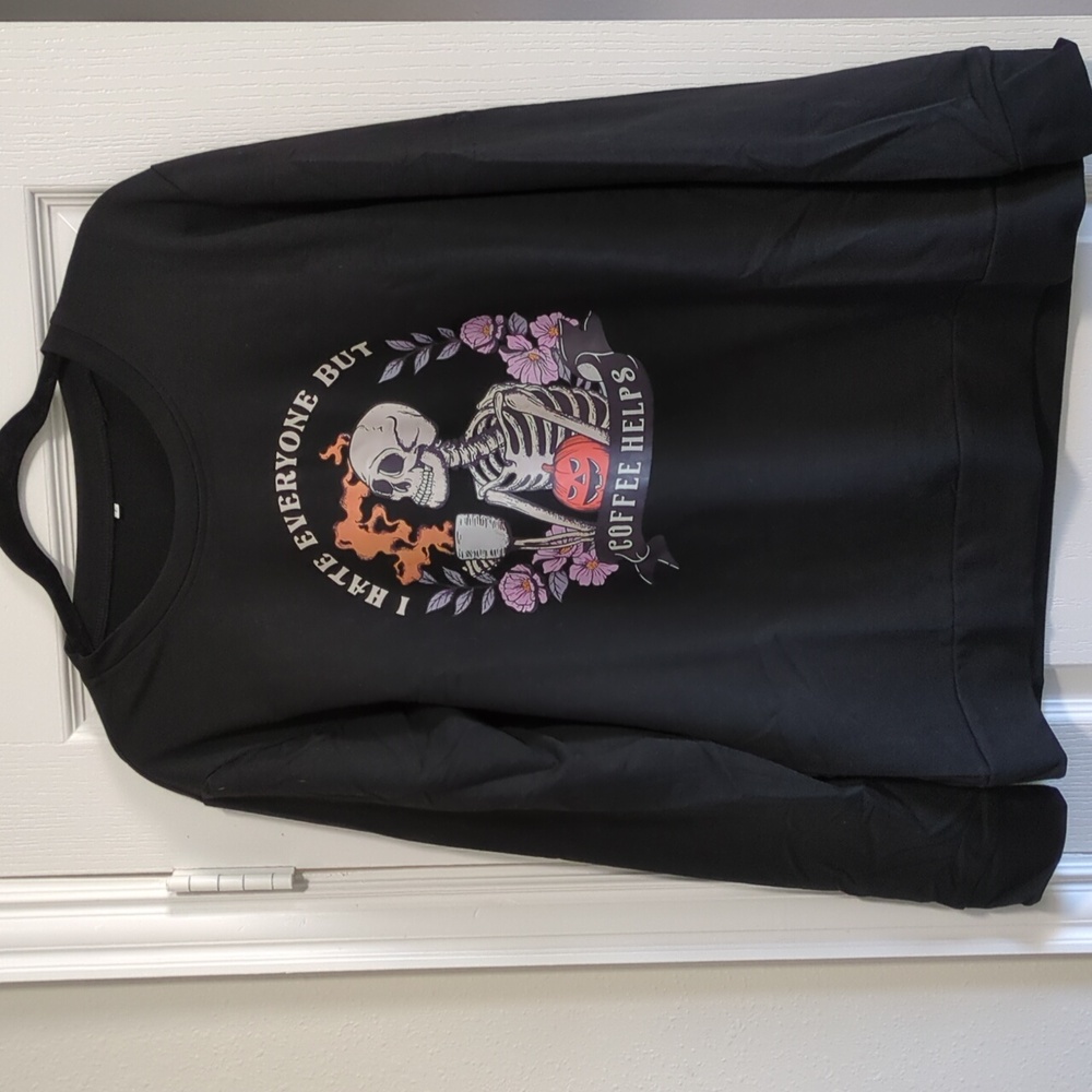 "I Hate Everyone but Coffee Helps" long sleeve T-shirt size L